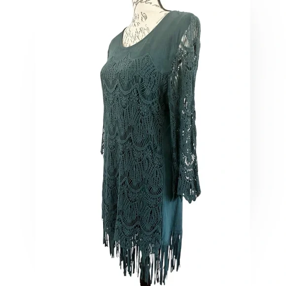 EUC Monoreno Teal Lace Fringe Midi Dress Overlay Sheath 3/4 Sleeve Medium Boho - Picture 4 of 15
